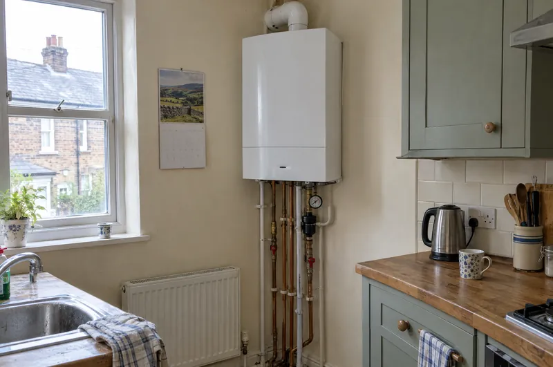 Gas engineer in Grantham: illustration of a white combi boiler on the wall of a terraced-house kitchen